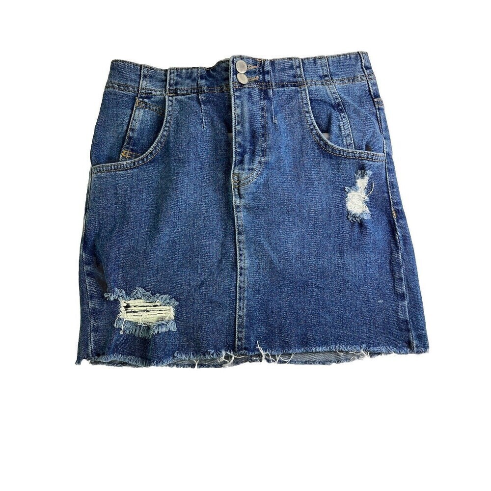 Free People Distressed Denim Mini Skirt w/ back buckle & raw hem - size 0
